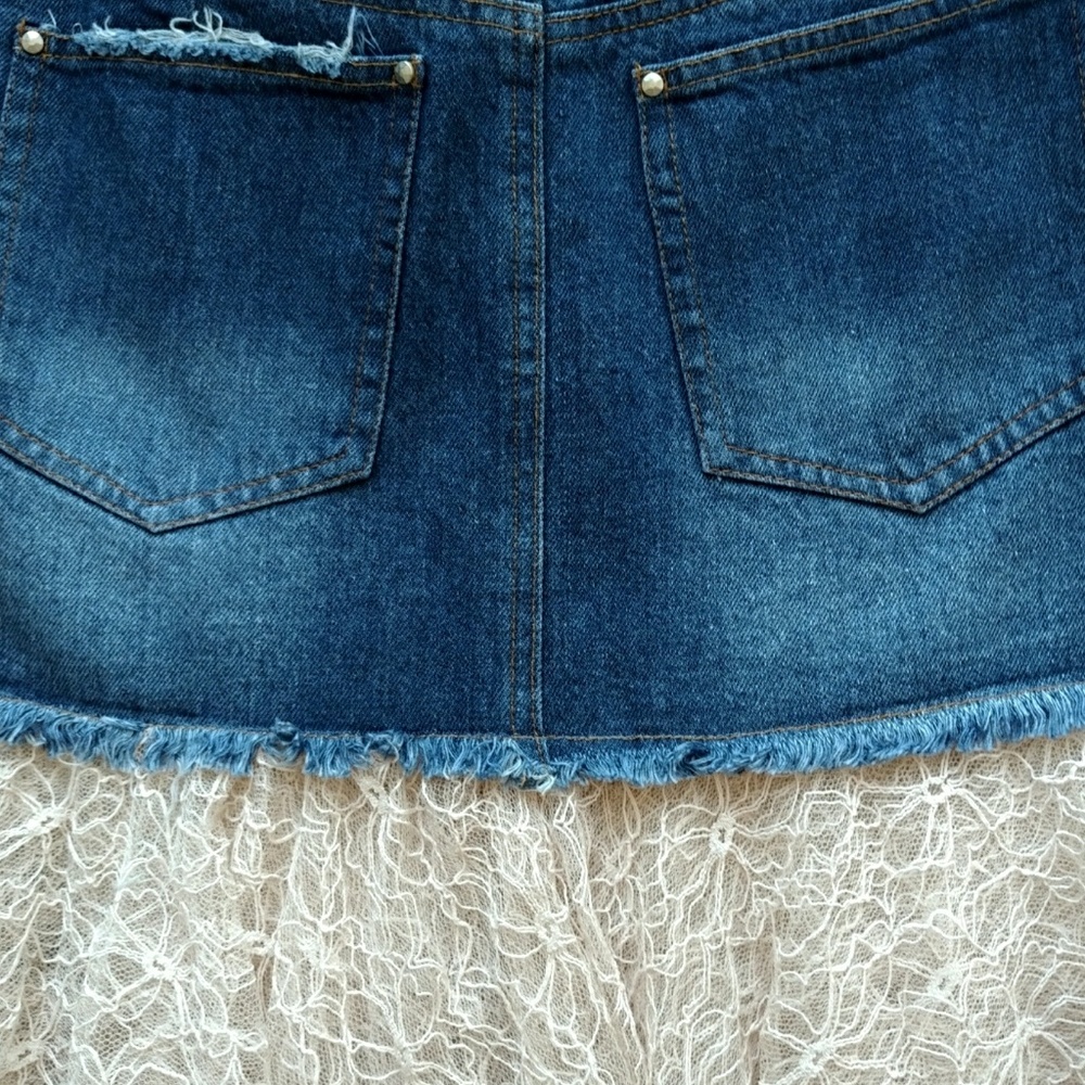POL Boho Distressed Denim & Layered Lace Skirt - Picture 3 of 8